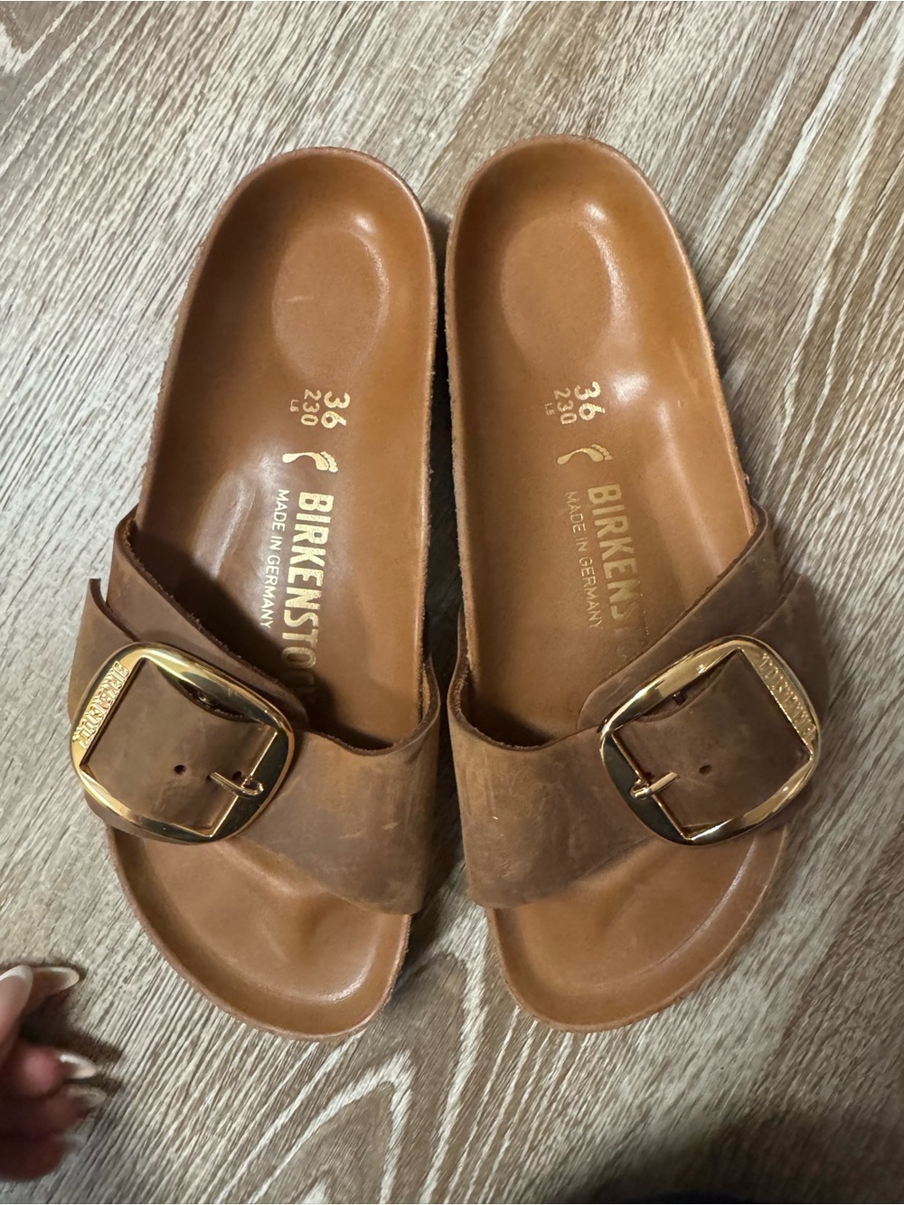 Birkenstock Kids Tan Leather Slide Sandals with Gold Buckles